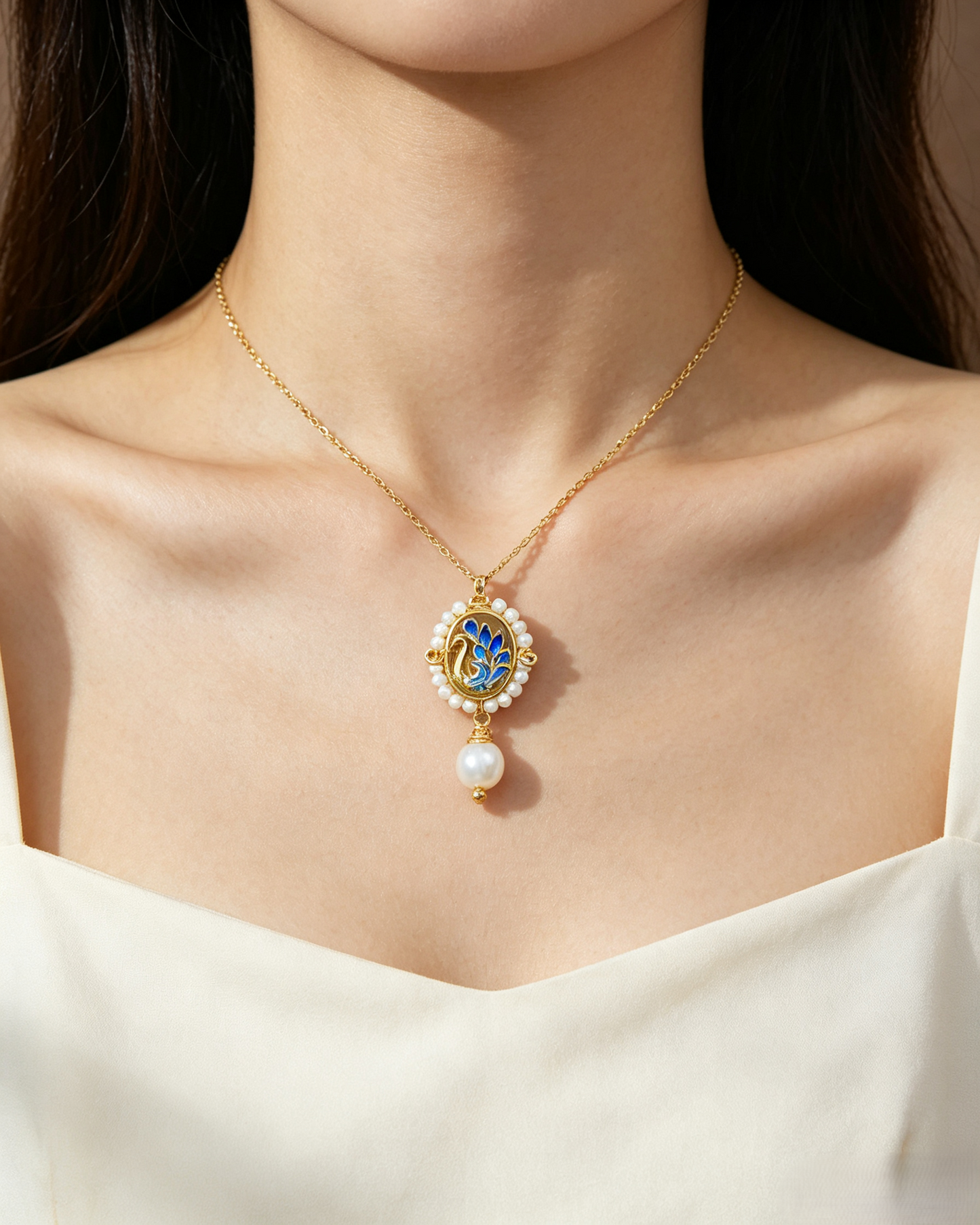 🦢 Vintage Blue Enamel Swan Pearl Matching Jewelry Set, Victorian Cameo Drop Earrings & Pendant Necklace