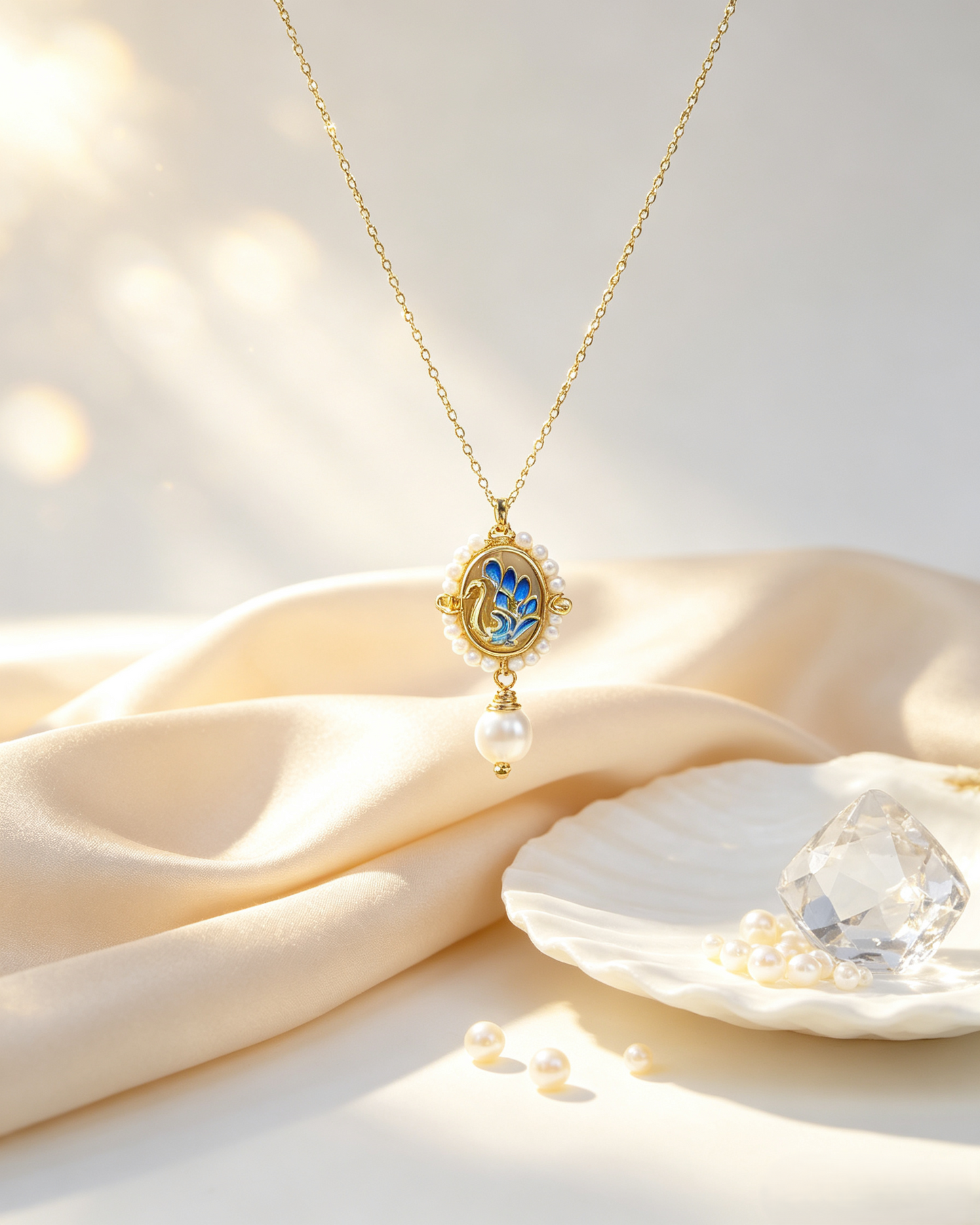 🦢 Vintage Blue Enamel Swan Pearl Matching Jewelry Set, Victorian Cameo Drop Earrings & Pendant Necklace