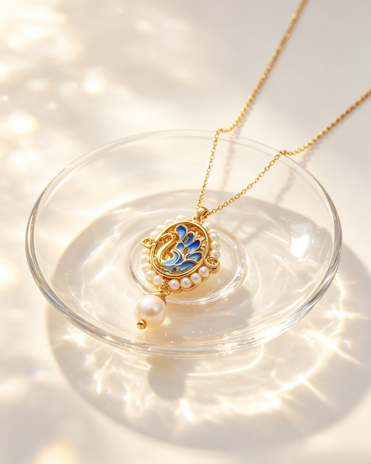 🦢 Vintage Blue Enamel Swan Pearl Matching Jewelry Set, Victorian Cameo Drop Earrings & Pendant Necklace