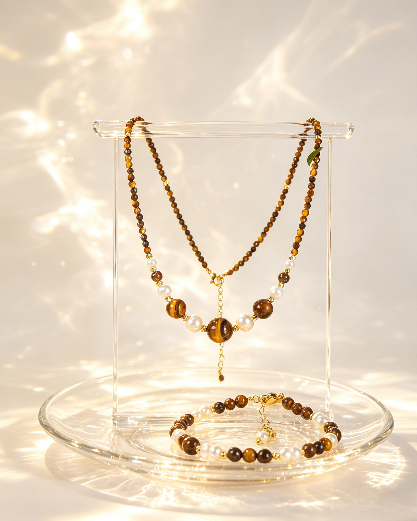 🤎✨ Warm Earth Tone Tiger Eye Layered Beaded Necklace With Freshwater Pearl Accents, Dainty Two-Strand Necklace for Casual &amp; Office Styling