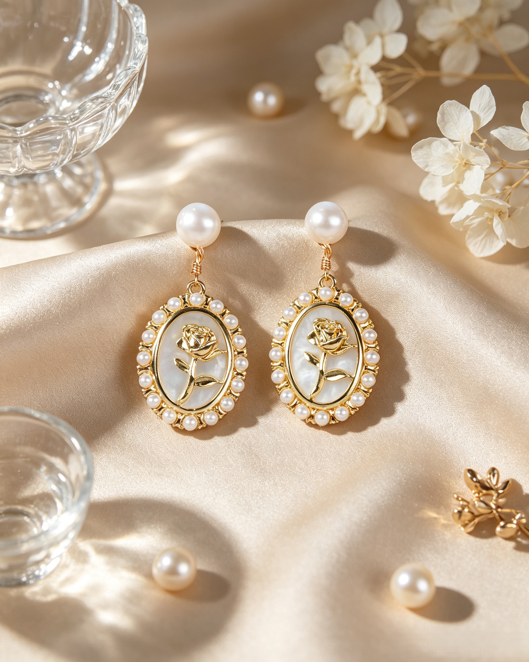 🤍 Romantic Rose Cameo Pearl Matching Jewelry Set for Elegant Daily & Date Outfits