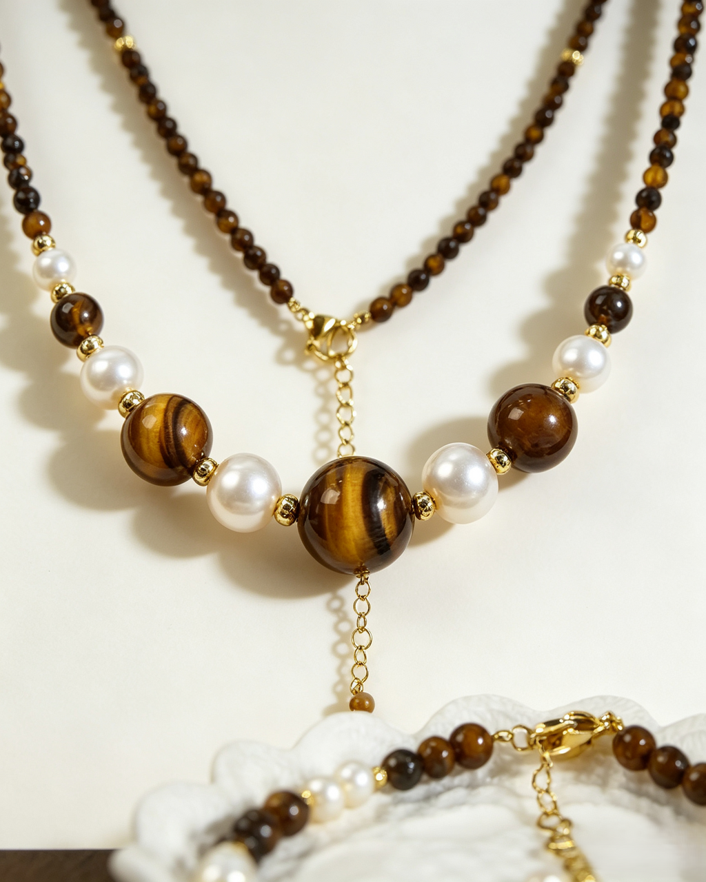 🤎✨ Warm Earth Tone Tiger Eye Layered Beaded Necklace With Freshwater Pearl Accents, Dainty Two-Strand Necklace for Casual &amp; Office Styling