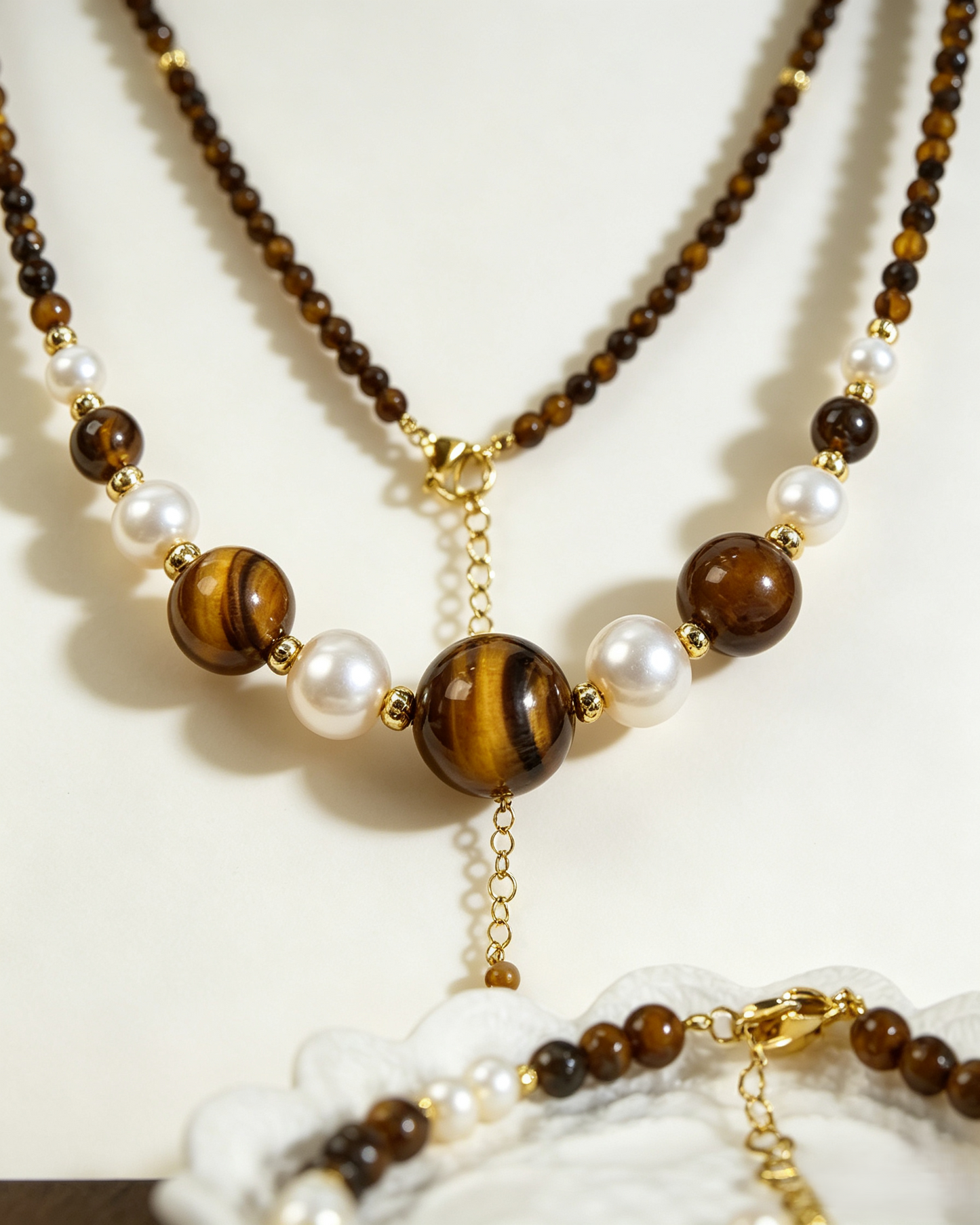 🤎✨ Warm Earth Tone Tiger Eye Layered Beaded Necklace With Freshwater Pearl Accents, Dainty Two-Strand Necklace for Casual &amp; Office Styling