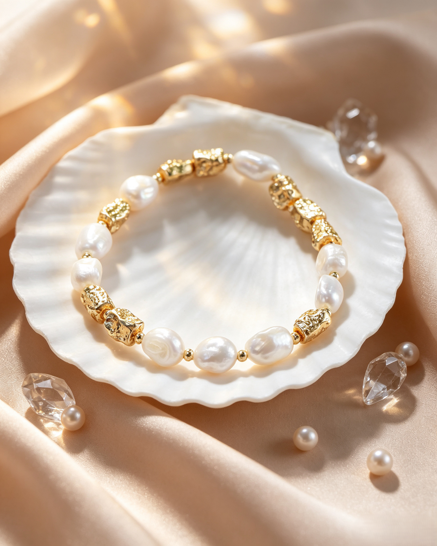 🤍✨ Baroque Pearl &amp; Textured Gold Matching Jewelry Set, Irregular Freshwater Pearl Necklace &amp; Bracelet Stack Set For Women