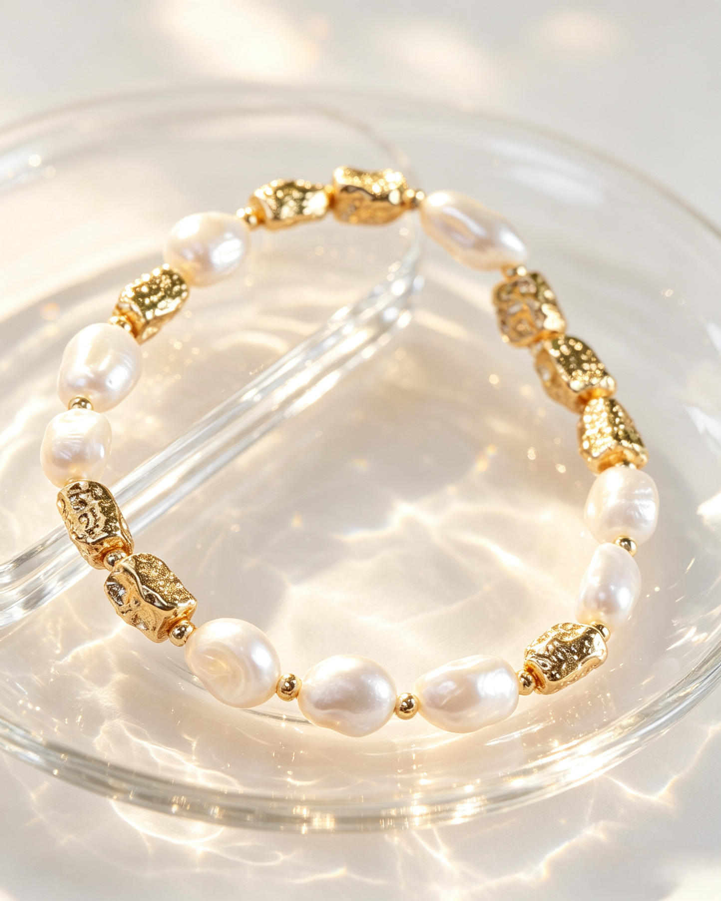 🤍✨ Baroque Pearl &amp; Textured Gold Matching Jewelry Set, Irregular Freshwater Pearl Necklace &amp; Bracelet Stack Set For Women