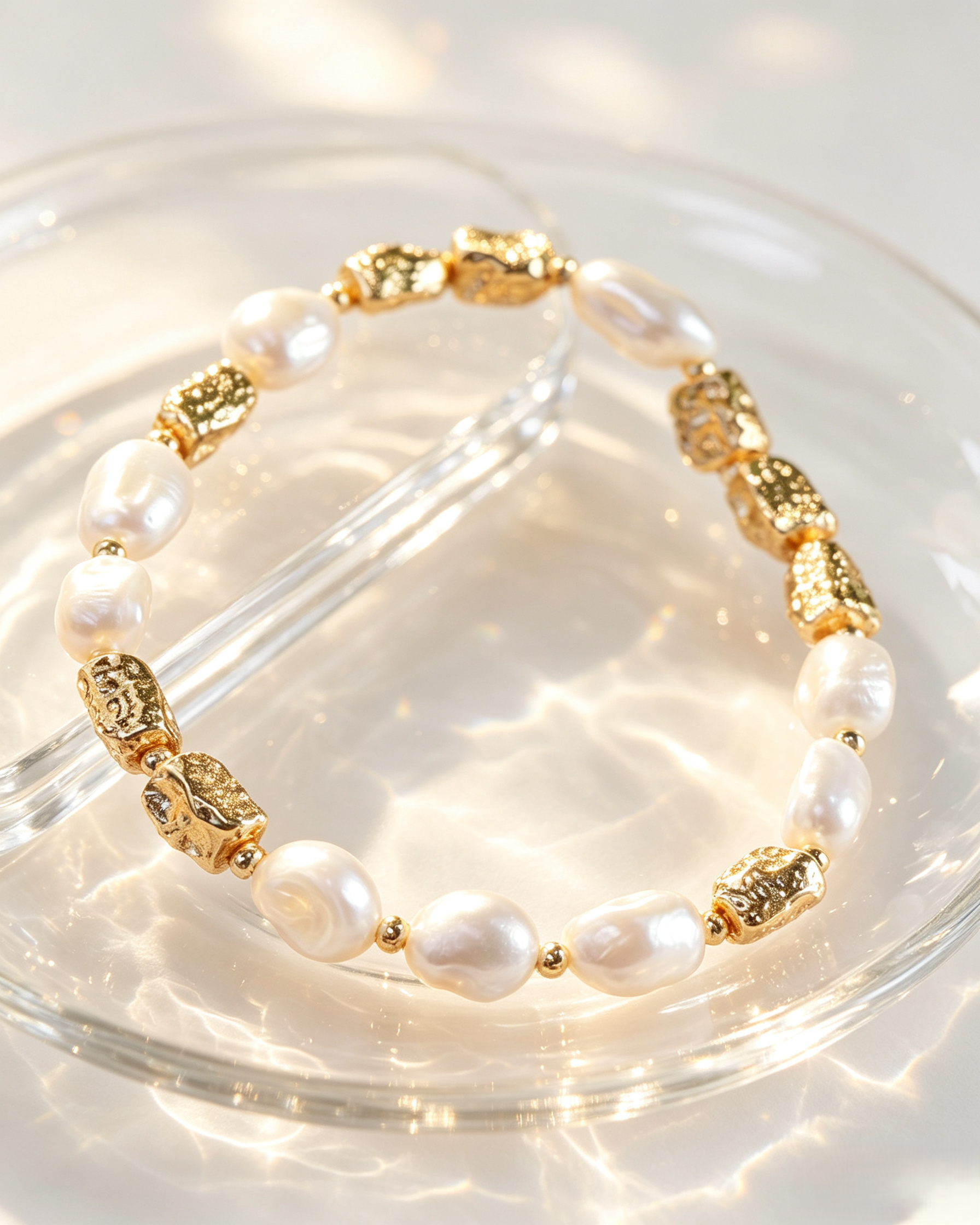 🤍✨ Baroque Pearl &amp; Textured Gold Matching Jewelry Set, Irregular Freshwater Pearl Necklace &amp; Bracelet Stack Set For Women