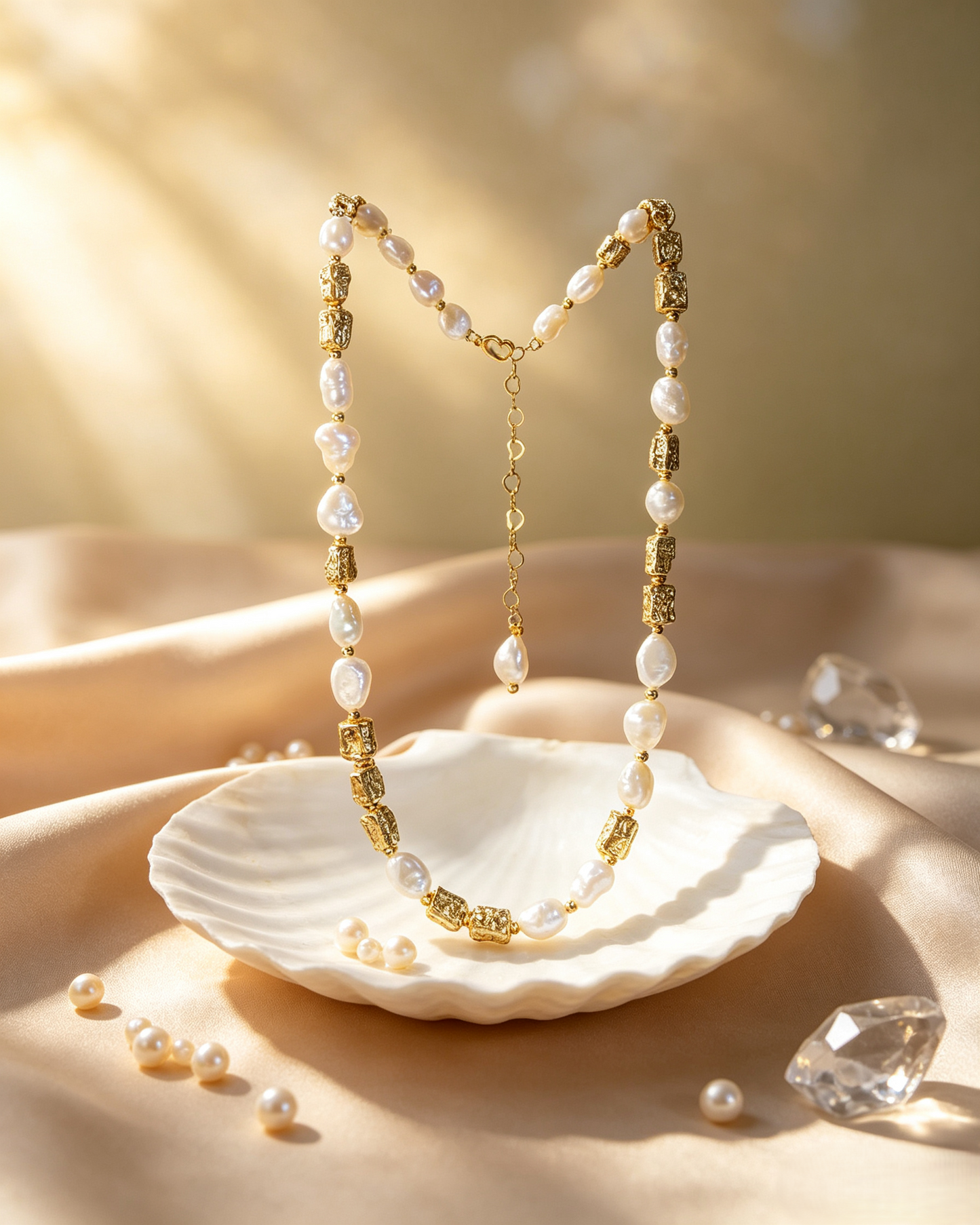 🤍✨ Baroque Pearl &amp; Textured Gold Matching Jewelry Set, Irregular Freshwater Pearl Necklace &amp; Bracelet Stack Set For Women