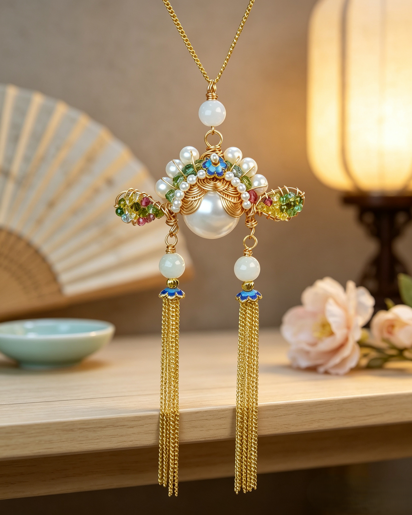 🏮 Antique Chinese Opera Headpiece Inspired Jewelry Set with Cloisonné & Gold Tassels