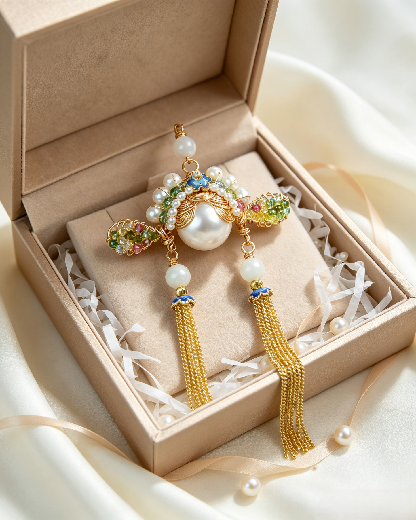 🏮 Antique Chinese Opera Headpiece Inspired Jewelry Set with Cloisonné & Gold Tassels
