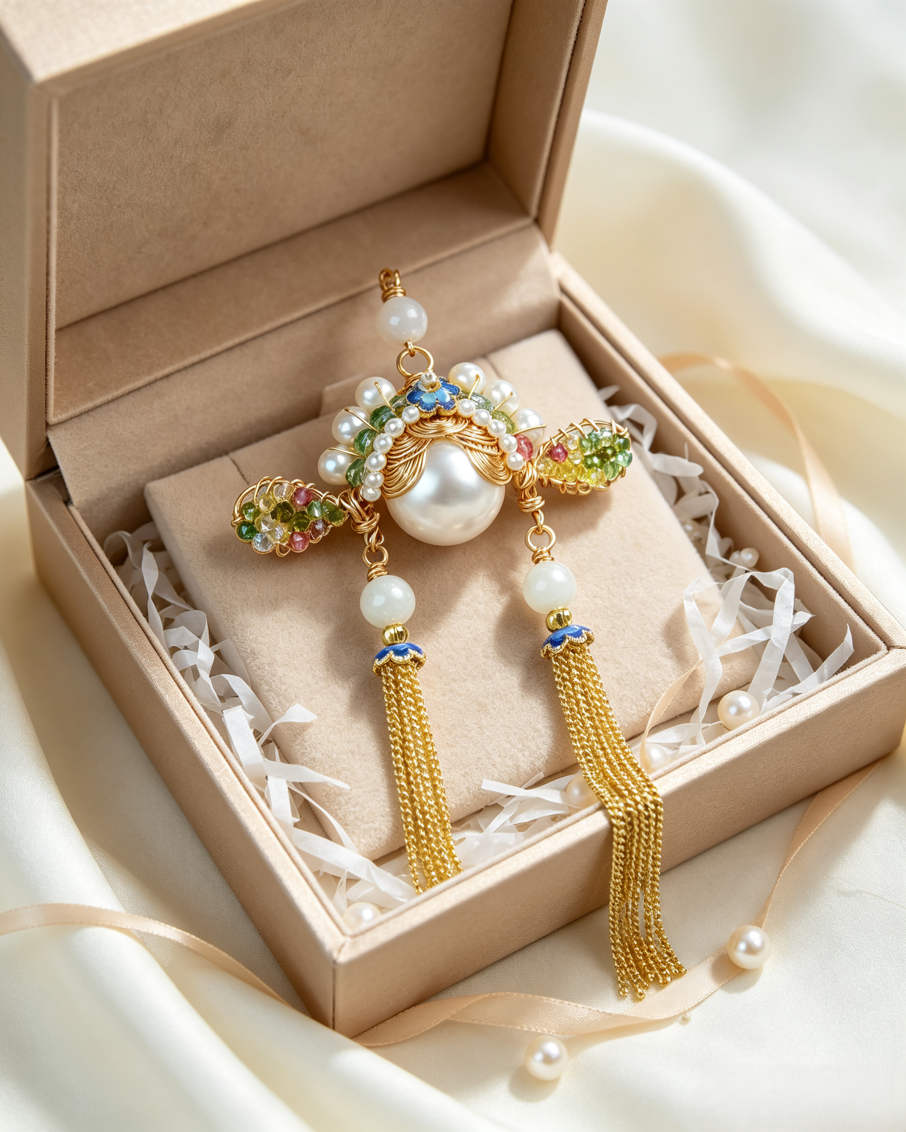 🏮 Antique Chinese Opera Headpiece Inspired Jewelry Set with Cloisonné & Gold Tassels