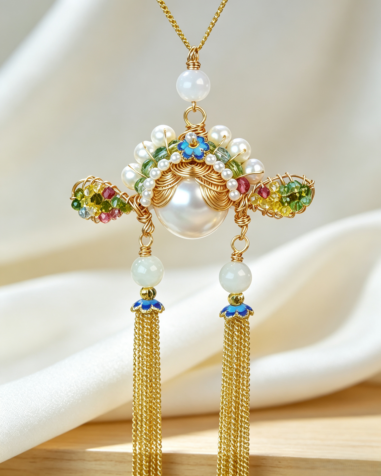 🏮 Antique Chinese Opera Headpiece Inspired Jewelry Set with Cloisonné & Gold Tassels