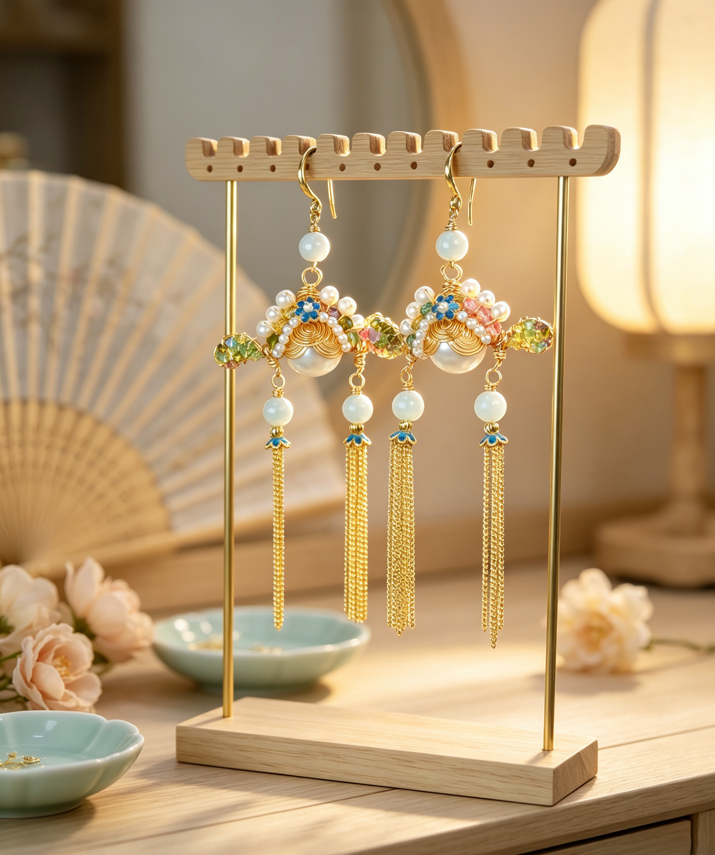 🏮 Antique Chinese Opera Headpiece Inspired Jewelry Set with Cloisonné & Gold Tassels