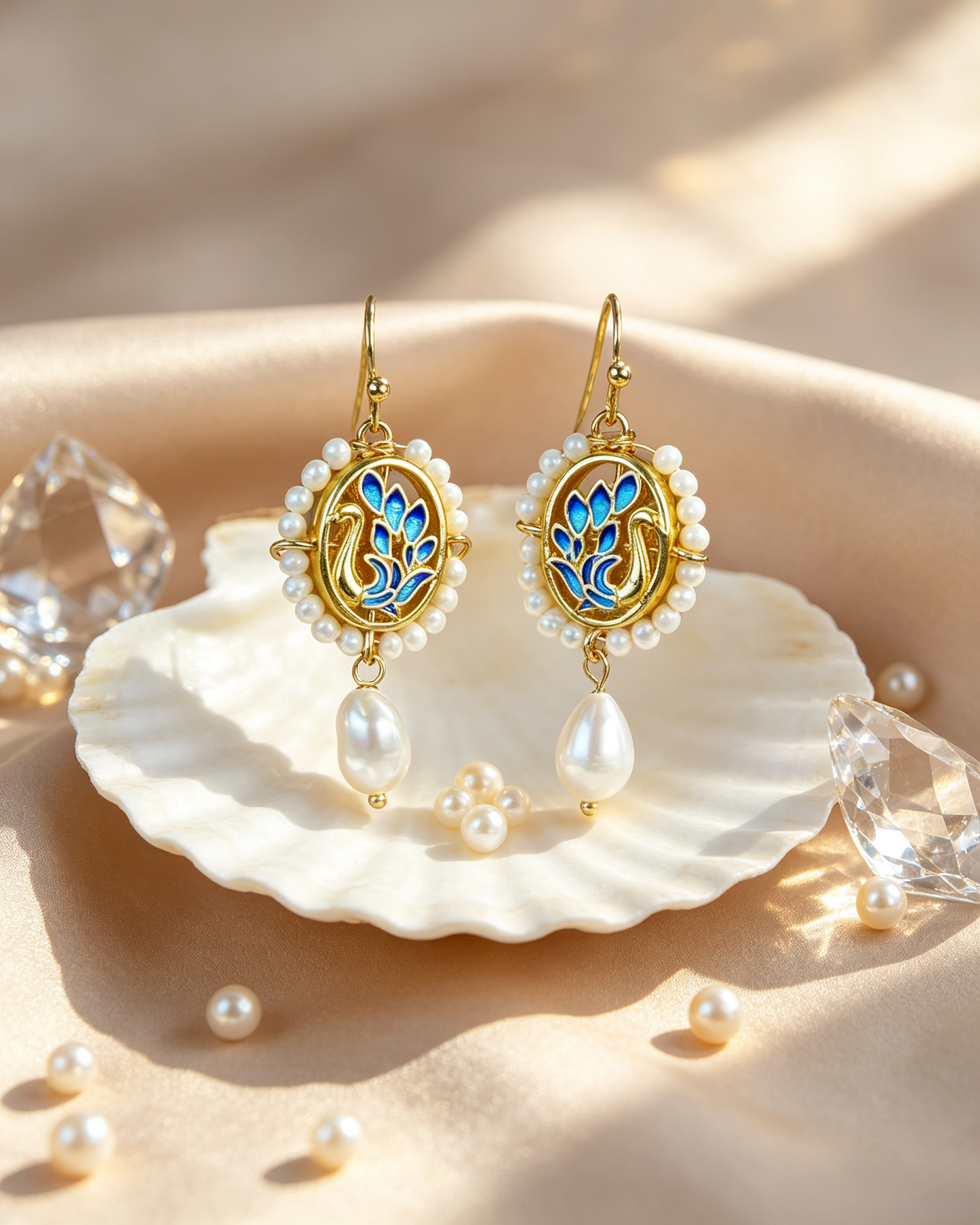 🦢 Vintage Blue Enamel Swan Pearl Matching Jewelry Set, Victorian Cameo Drop Earrings & Pendant Necklace