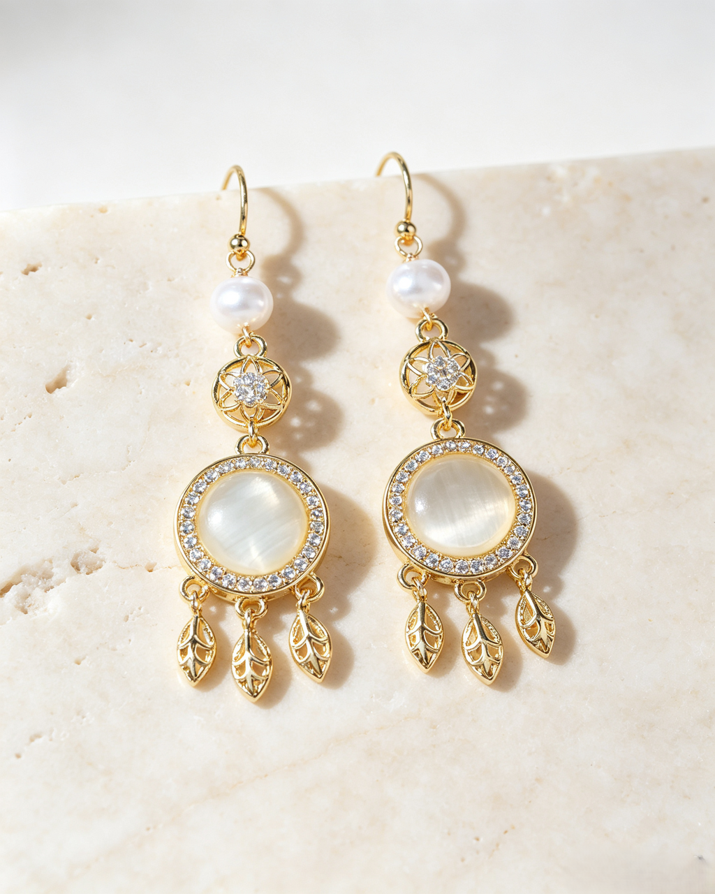 🪶 Boho Dreamcatcher Cat’s Eye Pearl Jewelry Matching Set, Gold Leaf Tassel Earrings & Necklace