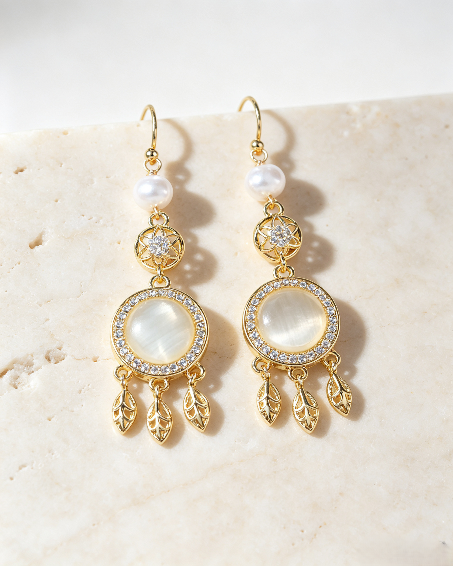 🪶 Boho Dreamcatcher Cat’s Eye Pearl Jewelry Matching Set, Gold Leaf Tassel Earrings & Necklace