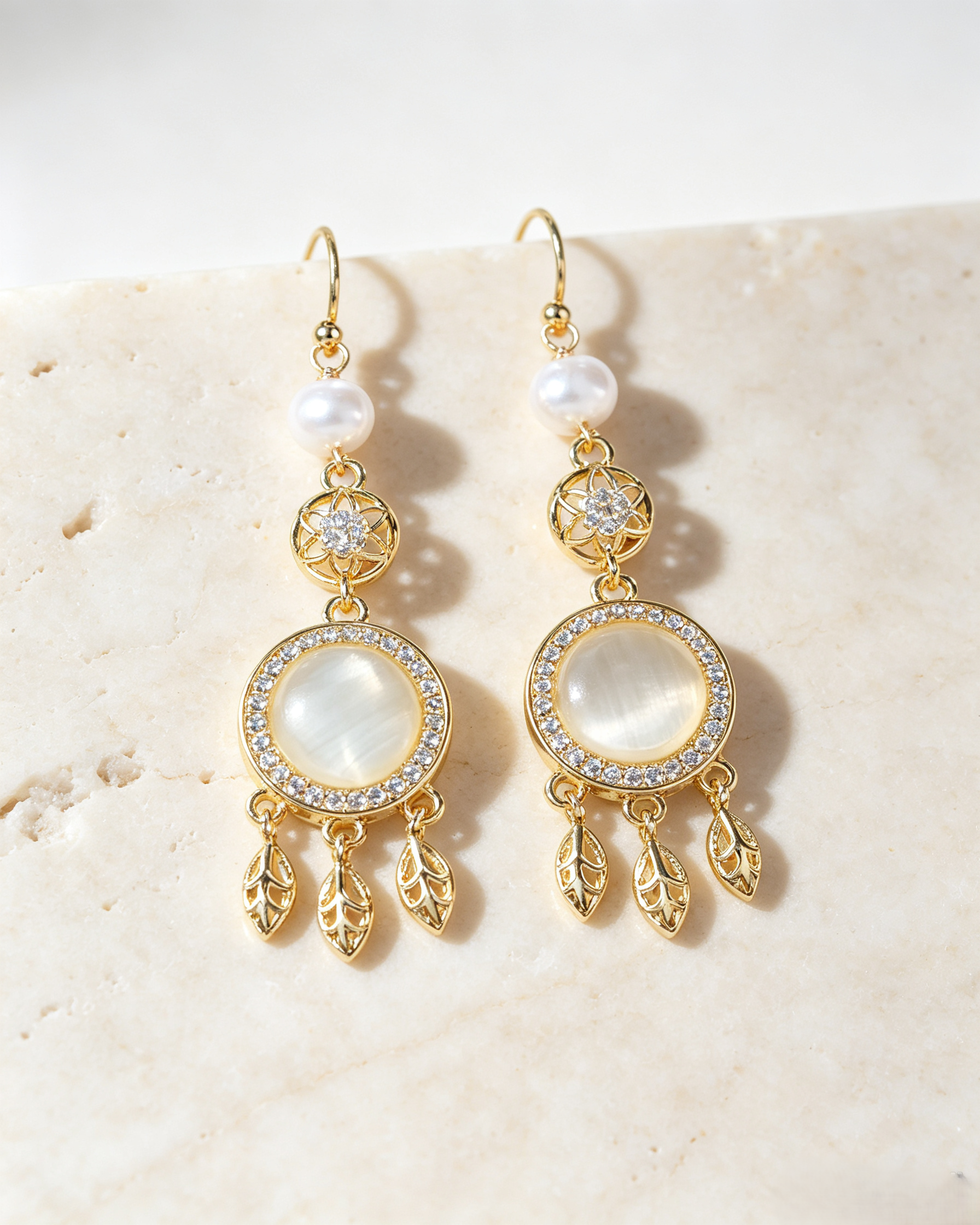 🪶 Boho Dreamcatcher Cat’s Eye Pearl Jewelry Matching Set, Gold Leaf Tassel Earrings & Necklace