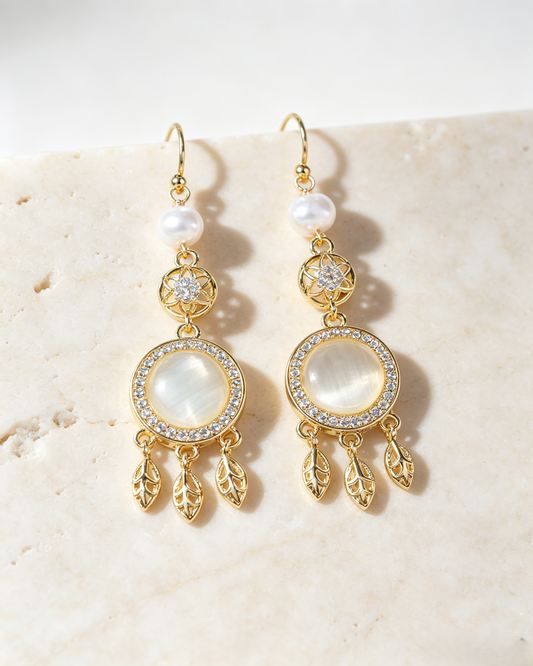 🪶 Boho Dreamcatcher Cat’s Eye Pearl Jewelry Matching Set, Gold Leaf Tassel Earrings & Necklace