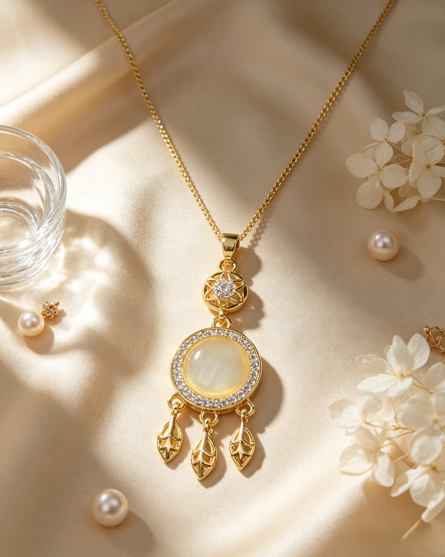🪶 Boho Dreamcatcher Cat’s Eye Pearl Jewelry Matching Set, Gold Leaf Tassel Earrings & Necklace