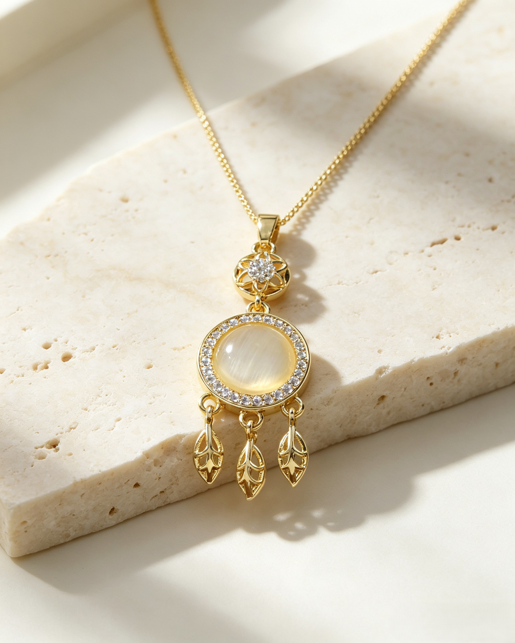 🪶 Boho Dreamcatcher Cat’s Eye Pearl Jewelry Matching Set, Gold Leaf Tassel Earrings & Necklace