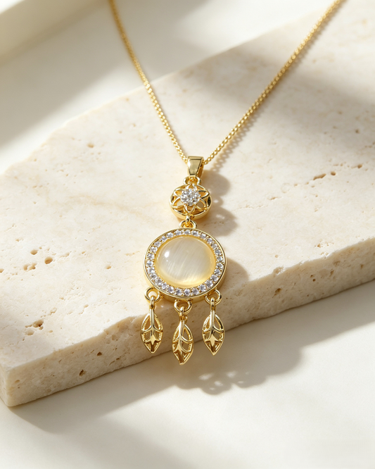 🪶 Boho Dreamcatcher Cat’s Eye Pearl Jewelry Matching Set, Gold Leaf Tassel Earrings & Necklace