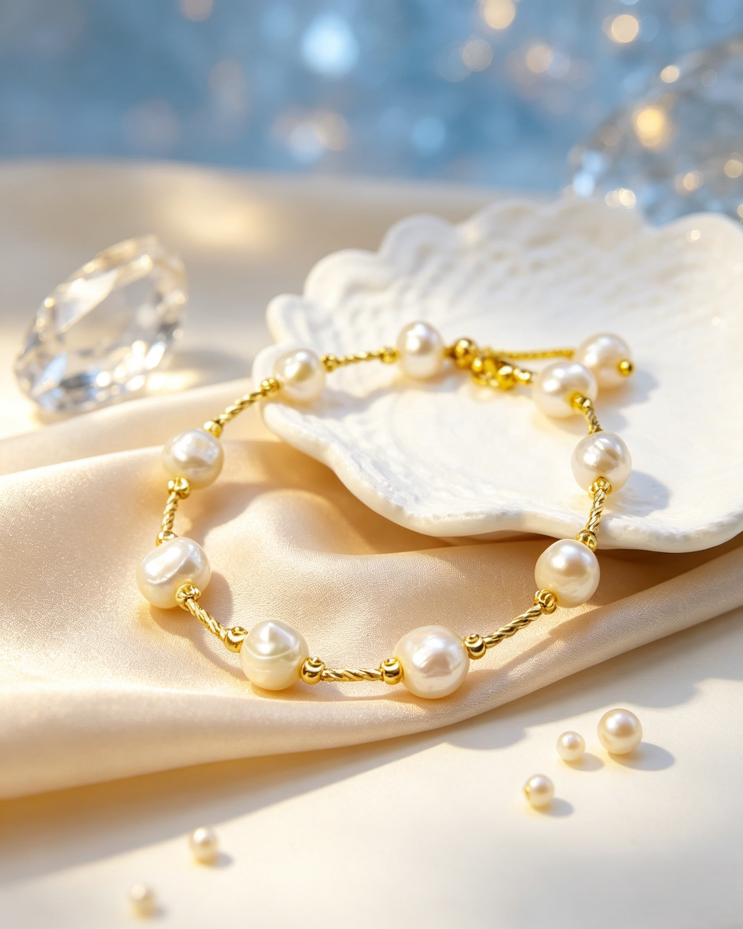 🤍 Handmade Baroque Freshwater Pearl Bracelet, Twisted 14K Gold Chain Bracelet