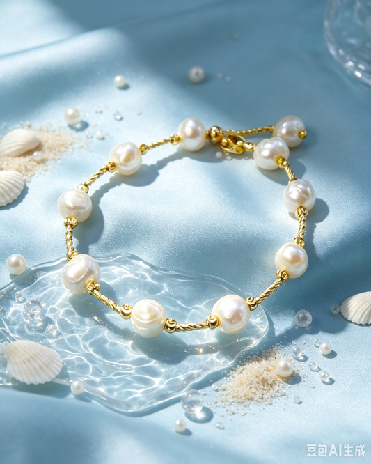 🤍 Handmade Baroque Freshwater Pearl Bracelet, Twisted 14K Gold Chain Bracelet